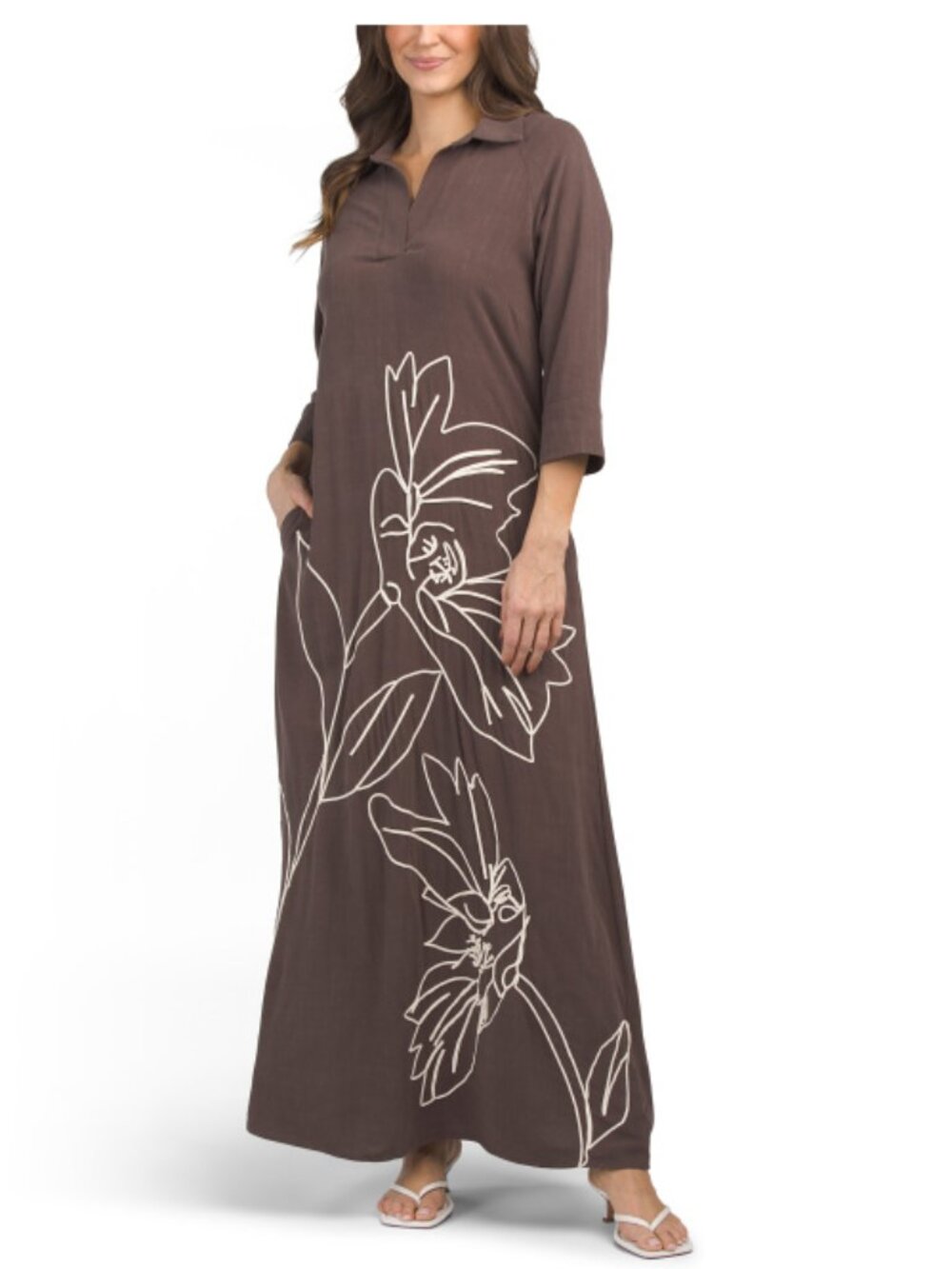 Solitaire Linen Blend Three-quarter Sleeve Floral Soutache Maxi Dress - Brown M